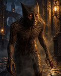GRID THUMBNAIL — A gaunt demonic figure with glowing eyes and clawed hands stalks a foggy, lantern-lit gothic city street at night, wet cobbles gleaming.
