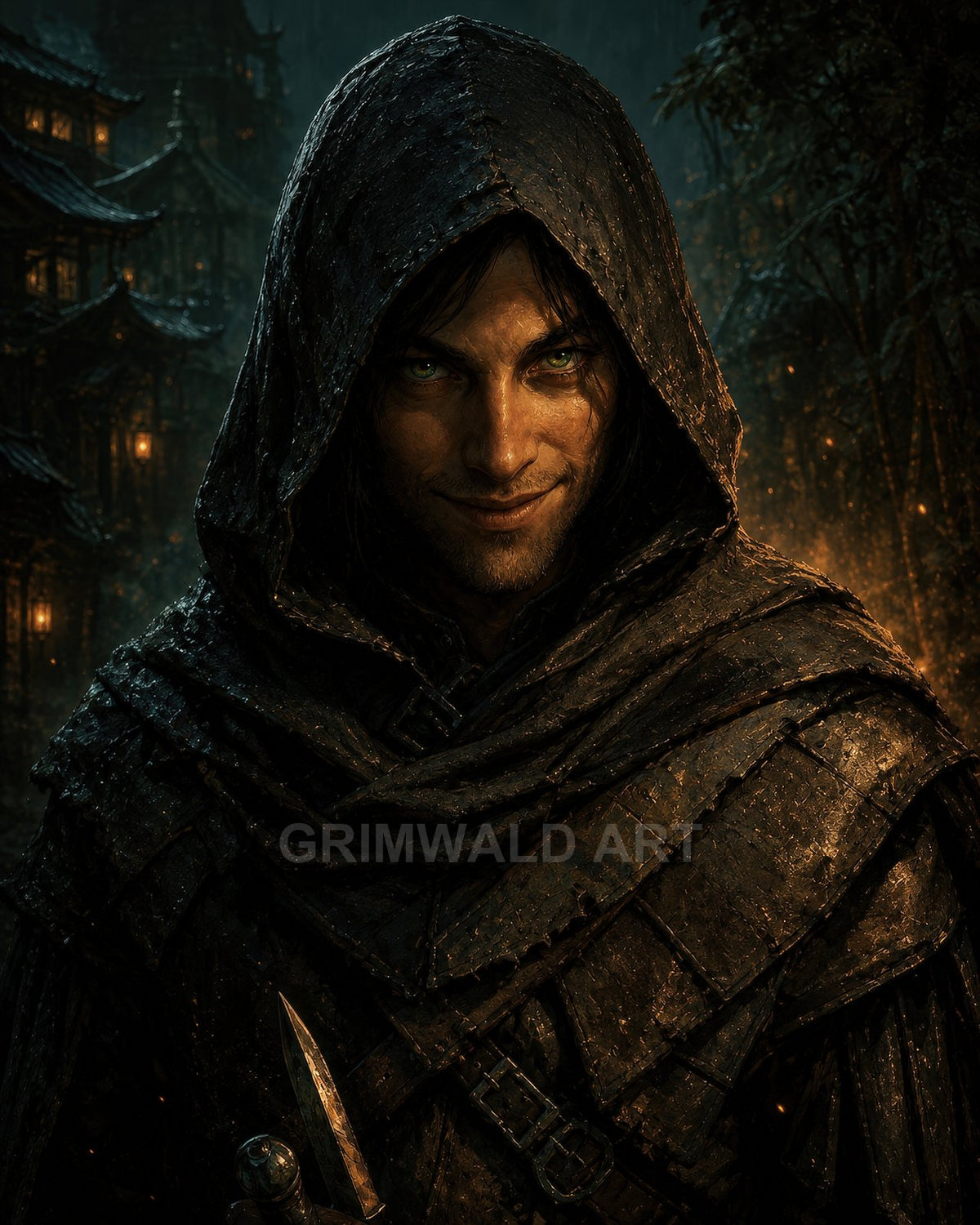 Hooded male rogue with piercing green eyes holds a dagger, cloaked in rain-soaked leathers, against a lantern-lit city backdrop at night.