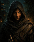 GRID THUMBNAIL — Hooded male rogue with piercing green eyes holds a dagger, cloaked in rain-soaked leathers, against a lantern-lit city backdrop at night.