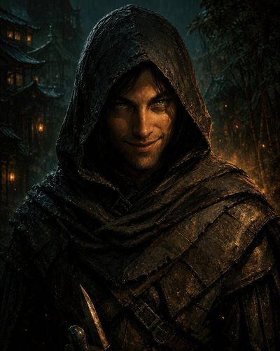 GRID THUMBNAIL — Hooded male rogue with piercing green eyes holds a dagger, cloaked in rain-soaked leathers, against a lantern-lit city backdrop at night.
