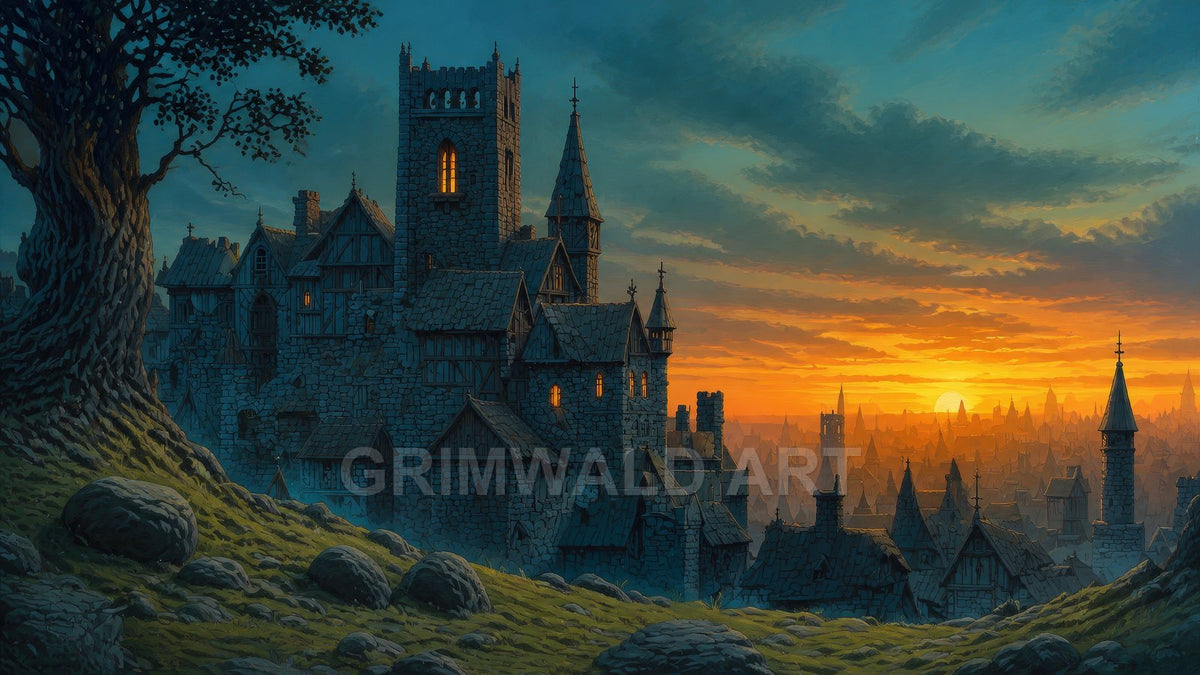 Medieval stone keep with glowing windows overlooks a sprawling spired city at sunset, framed by a gnarled tree and rocky, grass-covered hillside.