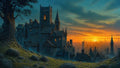 GRID THUMBNAIL — Medieval stone keep with glowing windows overlooks a sprawling spired city at sunset, framed by a gnarled tree and rocky, grass-covered hillside.