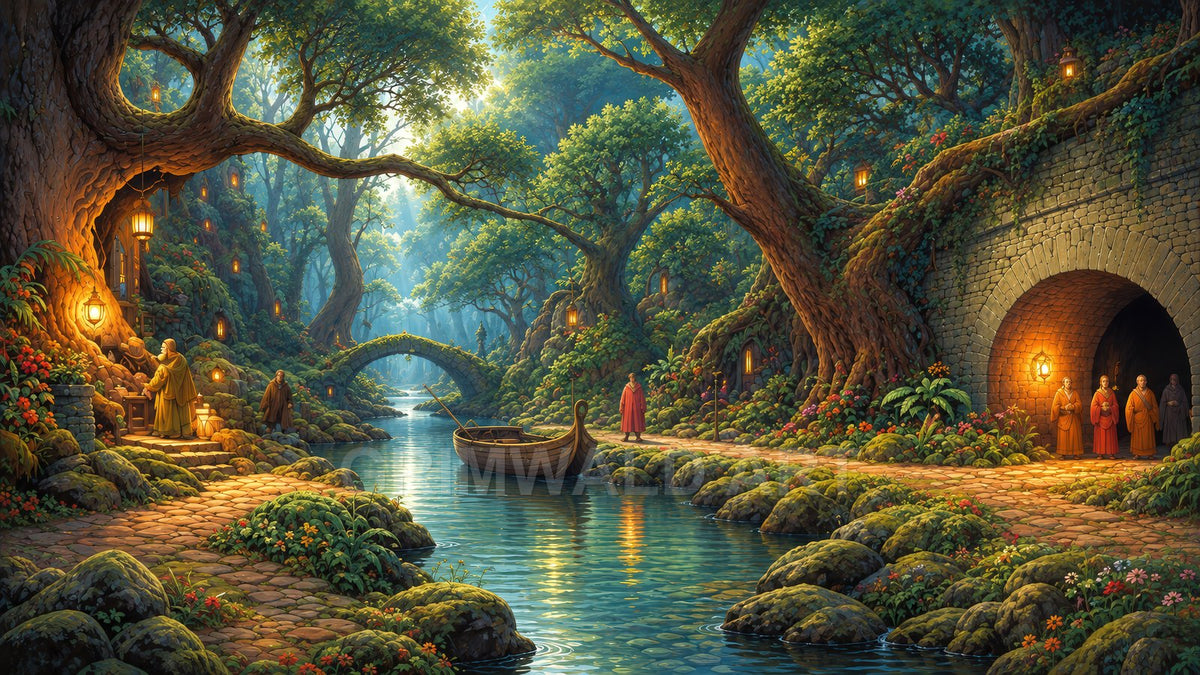 Tranquil forest river with hanging lanterns, cobbled paths, mossy rocks, a moored wooden boat, arched stone bridge, and robed figures by a tunnel.