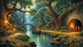 GRID THUMBNAIL — Tranquil forest river with hanging lanterns, cobbled paths, mossy rocks, a moored wooden boat, arched stone bridge, and robed figures by a tunnel.