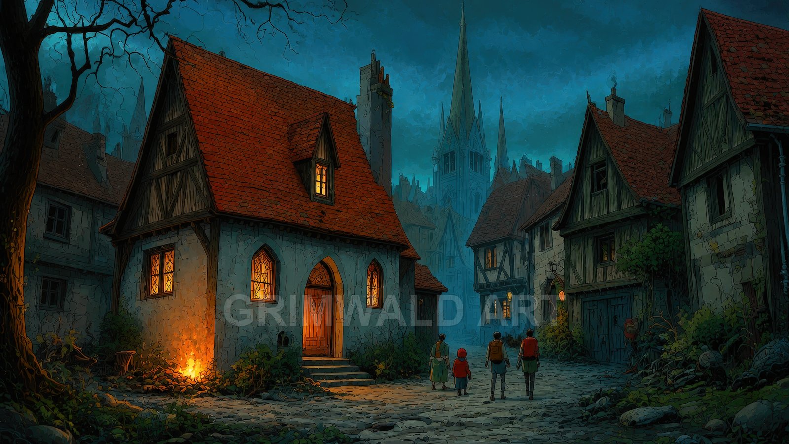Twilight view of a medieval village street with warm-lit cottage, red tile roofs, cobbled lane, and distant cathedral spire under a deep blue sky.
