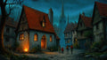 GRID THUMBNAIL — Twilight view of a medieval village street with warm-lit cottage, red tile roofs, cobbled lane, and distant cathedral spire under a deep blue sky.