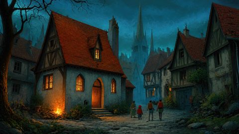 GRID THUMBNAIL — Twilight view of a medieval village street with warm-lit cottage, red tile roofs, cobbled lane, and distant cathedral spire under a deep blue sky.