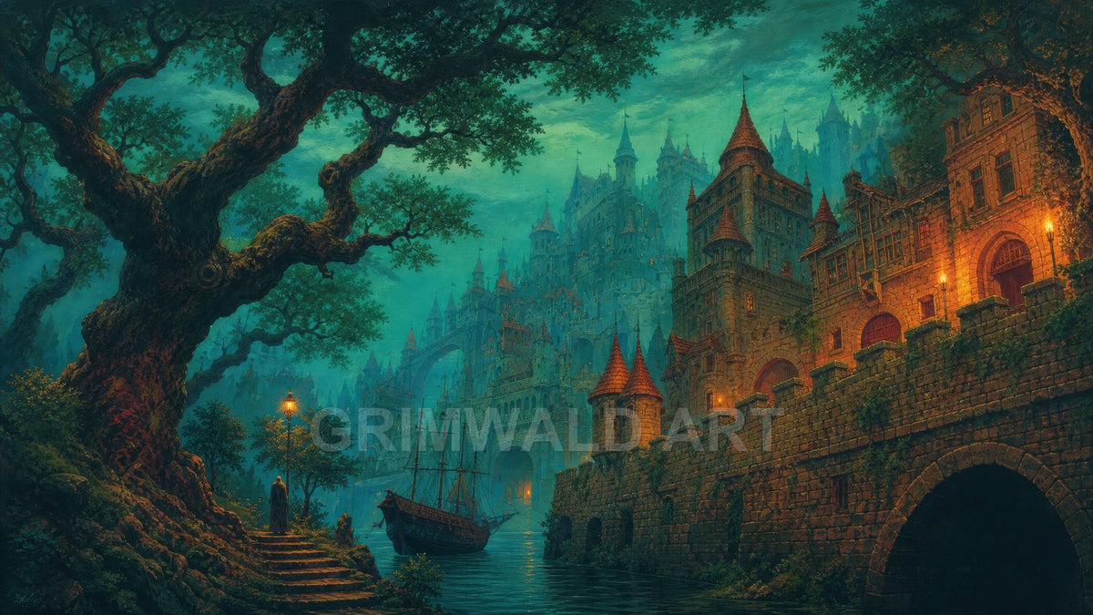 Misty twilight view of a vast fantasy castle above a canal, with torches glowing, a moored ship, and a gnarled tree over stone steps.
