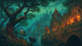 GRID THUMBNAIL — Misty twilight view of a vast fantasy castle above a canal, with torches glowing, a moored ship, and a gnarled tree over stone steps.