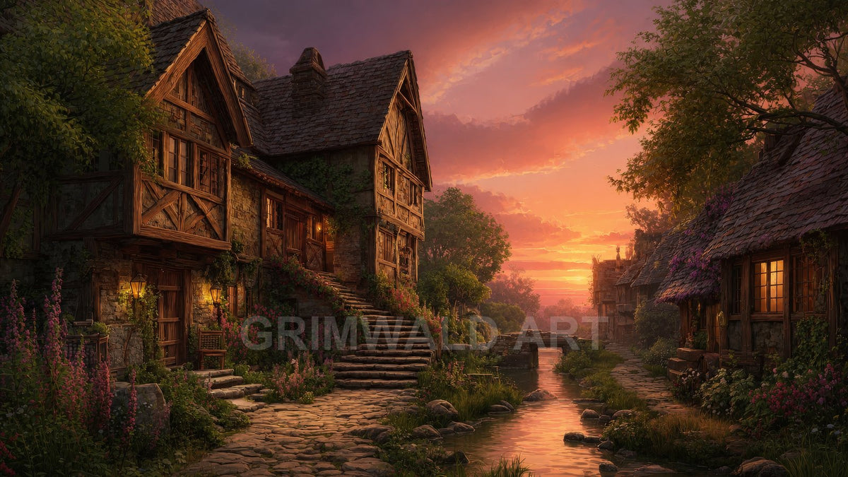 Sunset over a quaint medieval village with timber-framed cottages, glowing lanterns, a stone bridge, and a calm stream lined with flowers.