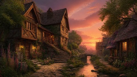 GRID THUMBNAIL — Sunset over a quaint medieval village with timber-framed cottages, glowing lanterns, a stone bridge, and a calm stream lined with flowers.