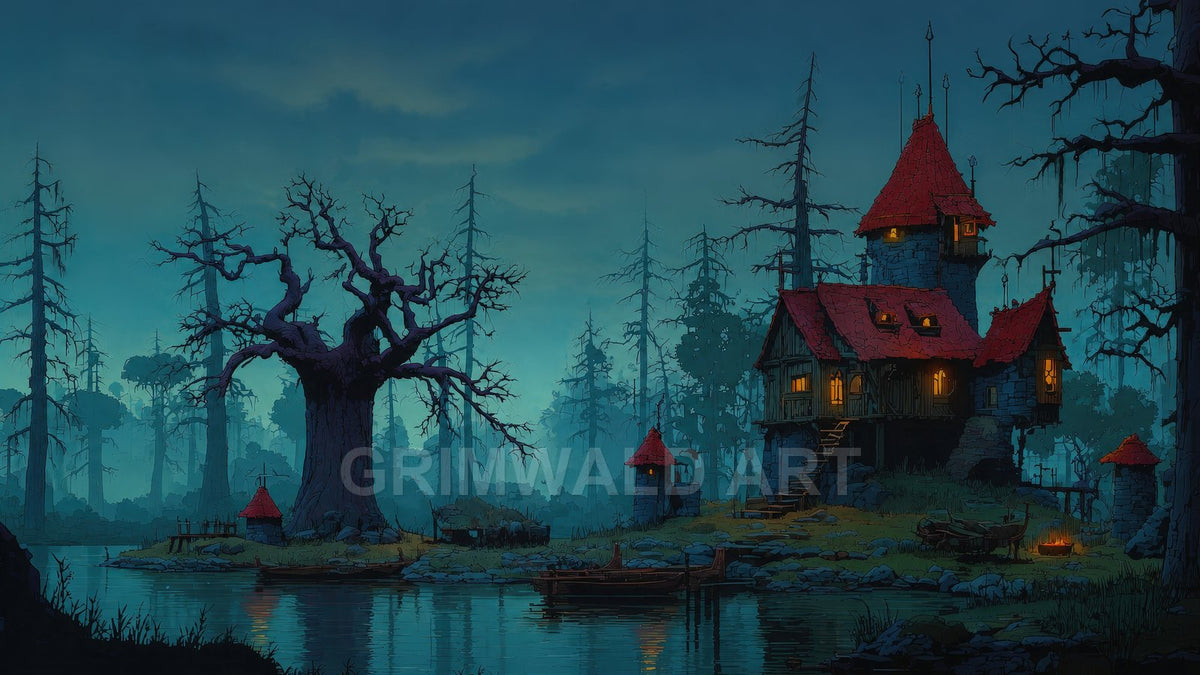 Moody twilight swamp scene with a red-roofed timber cottage and tower by a still lake, glowing windows, boats, and a gnarled tree.