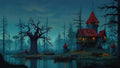 GRID THUMBNAIL — Moody twilight swamp scene with a red-roofed timber cottage and tower by a still lake, glowing windows, boats, and a gnarled tree.