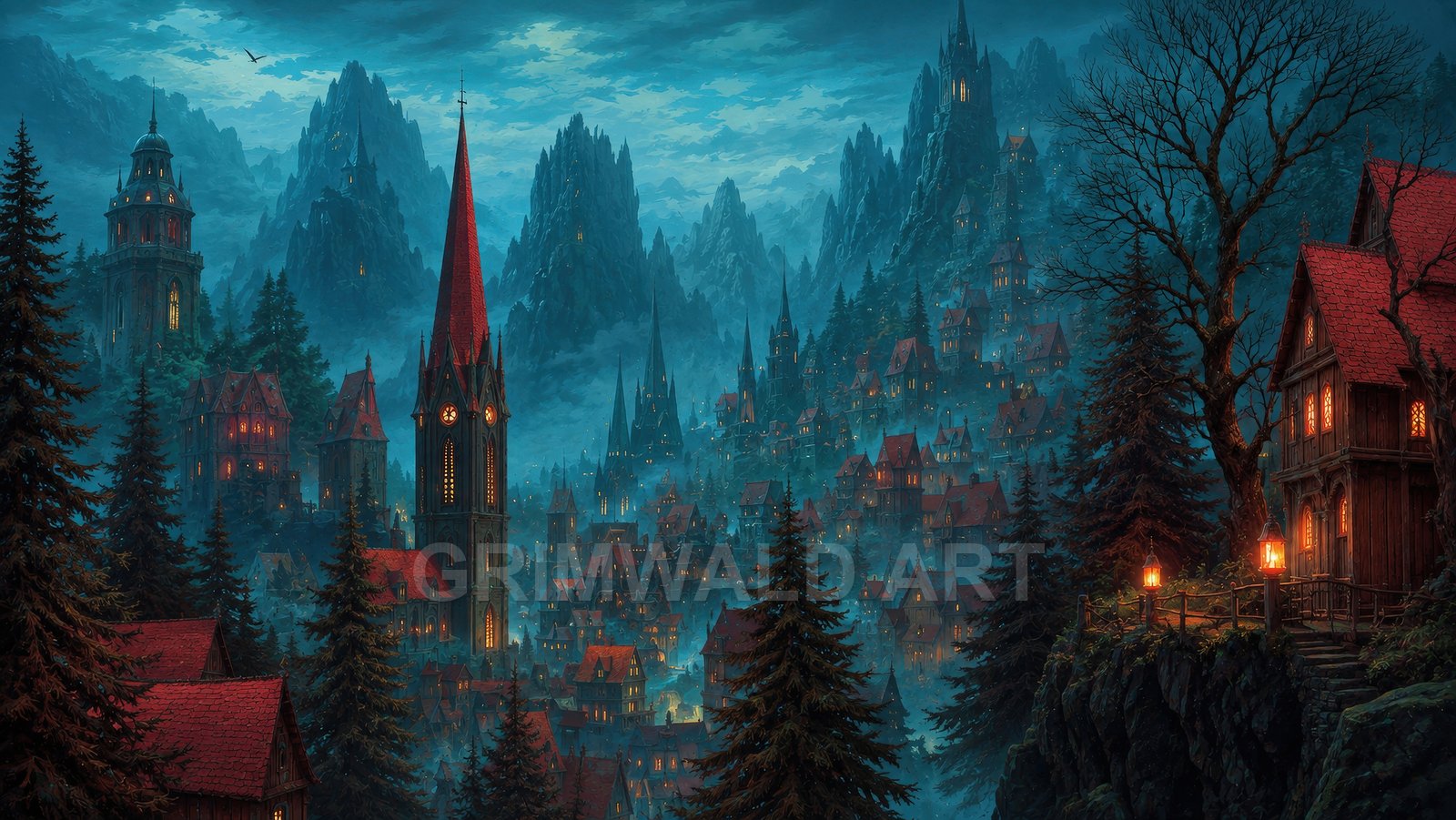 Gothic mountain city at twilight with red-roofed houses, glowing windows and lanterns, tall cathedral spires, pine trees and mist-shrouded peaks.