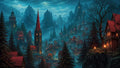 GRID THUMBNAIL — Gothic mountain city at twilight with red-roofed houses, glowing windows and lanterns, tall cathedral spires, pine trees and mist-shrouded peaks.