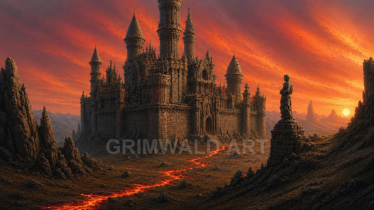 Grand stone castle with towering spires beside a robed statue, overlooking a rocky plain cut by glowing lava under a fiery sunset sky.