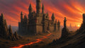 GRID THUMBNAIL — Grand stone castle with towering spires beside a robed statue, overlooking a rocky plain cut by glowing lava under a fiery sunset sky.