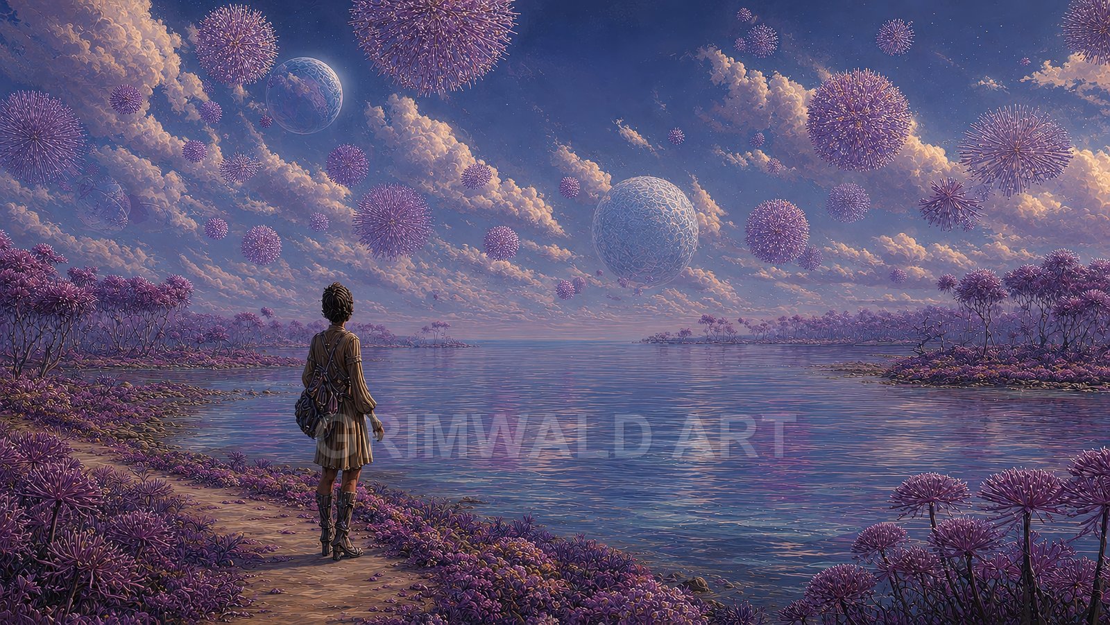 Figure on a purple-flowered shore gazes across a calm lake beneath twilight clouds, distant moons and floating spiky spheres filling the sky.