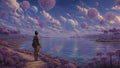 GRID THUMBNAIL — Figure on a purple-flowered shore gazes across a calm lake beneath twilight clouds, distant moons and floating spiky spheres filling the sky.