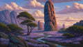 GRID THUMBNAIL — A fantasy valley of purple wildflowers, towering stone monoliths, winding stream, acacia-like trees and distant mountains beneath warm sunset clouds.