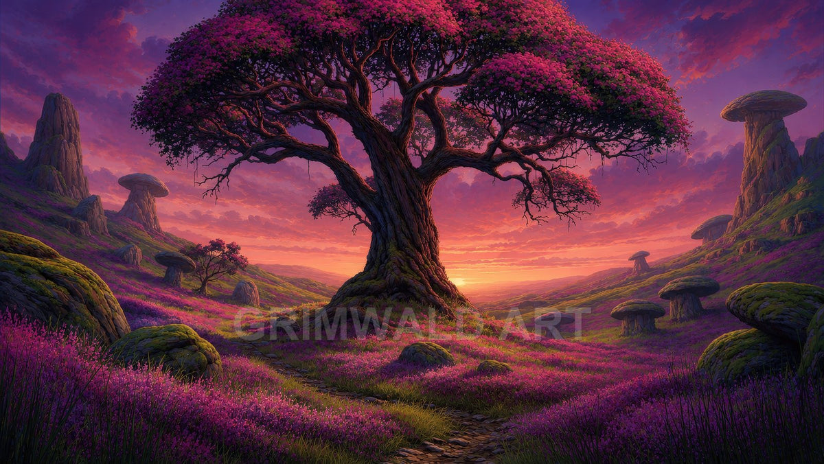A lavender-filled valley centred on a great blossoming tree at sunset, with mushroom-shaped rock formations and a winding footpath beneath glowing clouds.