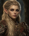 GRID THUMBNAIL — Close-up portrait of a female elf in leaf-patterned leather armour, pointed ears and violet eyes, standing against a dim, twilight forest backdrop.
