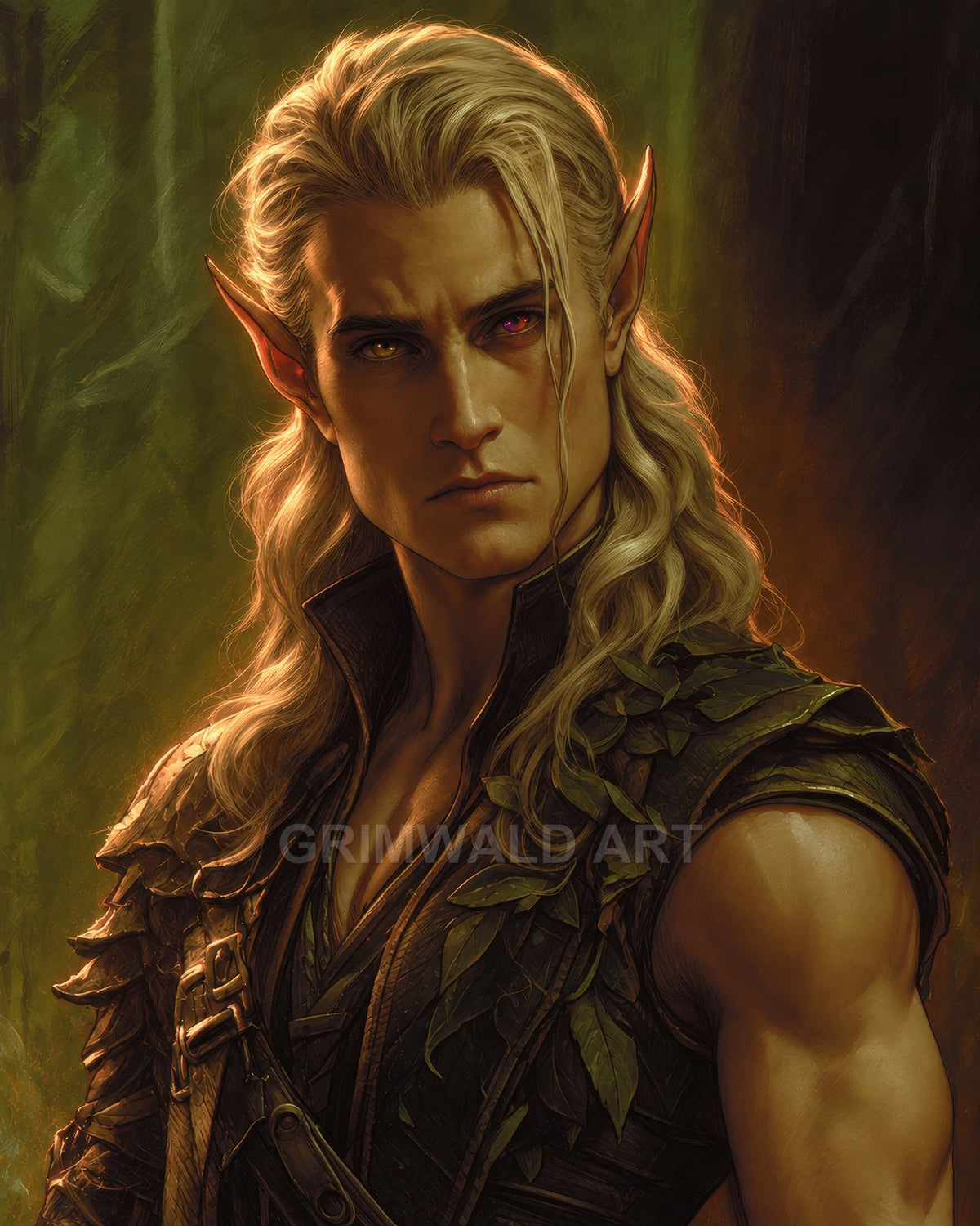 Portrait of a male elf ranger with long blond hair, pointed ears, heterochromia eyes and leaf-studded leather armour against a softly lit forest backdrop.