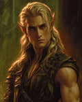 GRID THUMBNAIL — Portrait of a male elf ranger with long blond hair, pointed ears, heterochromia eyes and leaf-studded leather armour against a softly lit forest backdrop.