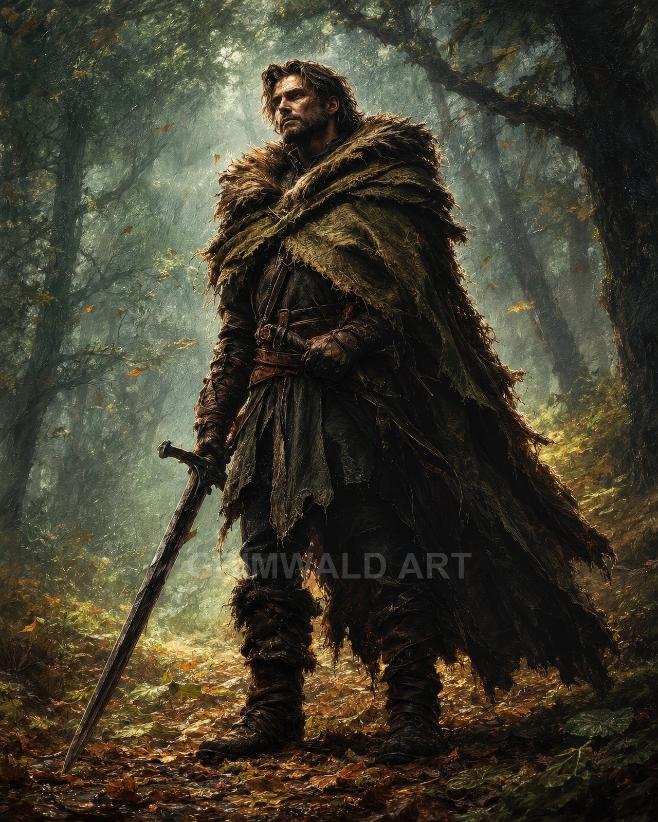 A rugged male ranger in a tattered leaf-like cloak stands in a misty forest, gripping a longsword, with autumn leaves scattered underfoot.