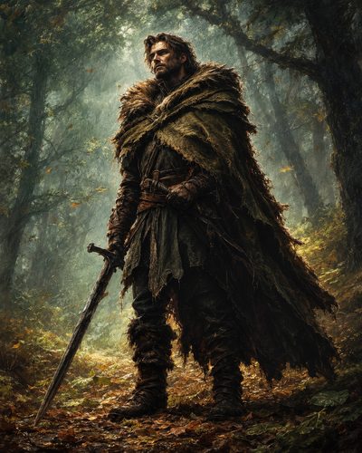 GRID THUMBNAIL — A rugged male ranger in a tattered leaf-like cloak stands in a misty forest, gripping a longsword, with autumn leaves scattered underfoot.