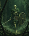 GRID THUMBNAIL — Undead skeleton warrior in a leaf cloak holding a sword and round shield, standing in a misty overgrown forest with ancient ruins under dim greenish light.