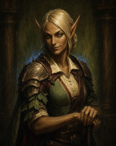 GRID THUMBNAIL — Blonde female elf in green tunic and engraved armour, hands resting on a staff, faint blue aura behind her in a dim interior hall.