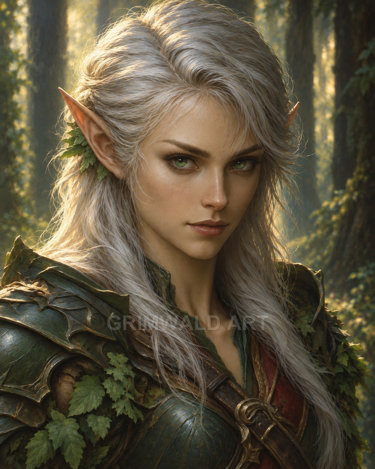 Portrait of a silver-haired elf ranger in leaf-adorned green armour, standing in a sunlit forest with warm golden light and intense green eyes.