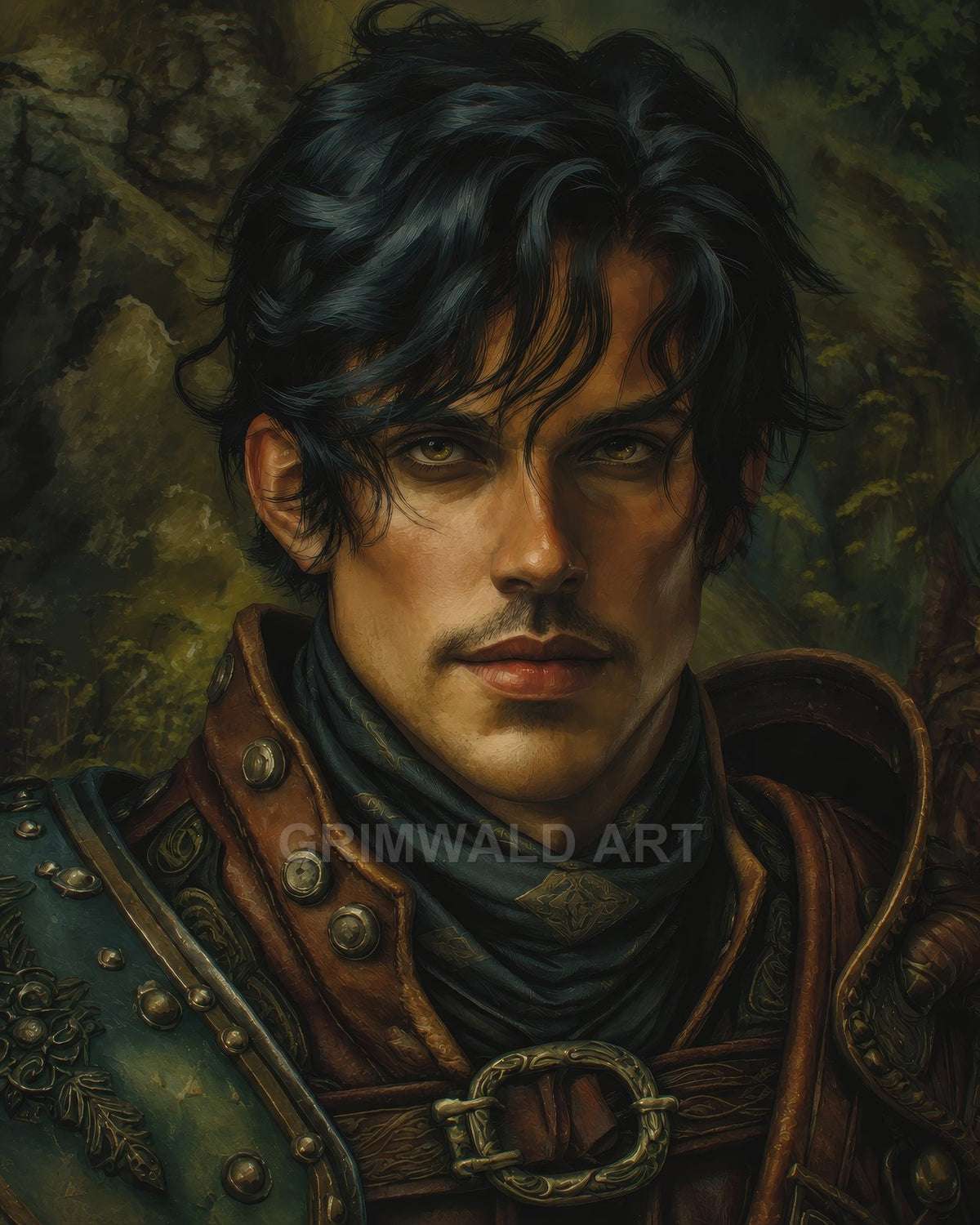 Close portrait of a dark-haired male adventurer wearing embossed leather armour and scarf, set against softly blurred forest greenery in daylight.