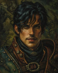 GRID THUMBNAIL — Close portrait of a dark-haired male adventurer wearing embossed leather armour and scarf, set against softly blurred forest greenery in daylight.
