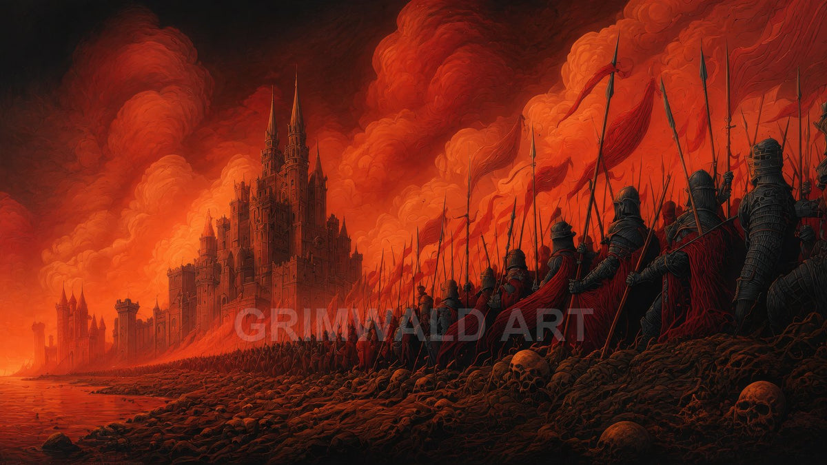 A towering gothic castle looms under a blood-red sunset as armoured ranks march with spears and crimson banners past a shoreline strewn with skulls.