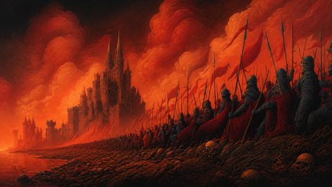 GRID THUMBNAIL — A towering gothic castle looms under a blood-red sunset as armoured ranks march with spears and crimson banners past a shoreline strewn with skulls.