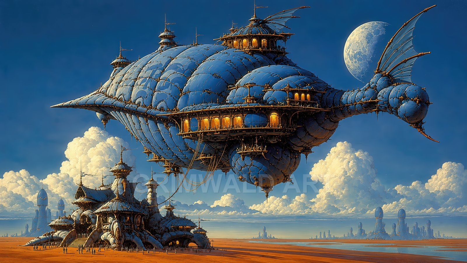 Vast blue steampunk airship floats above a desert outpost under a bright sky with towering clouds and a distant moon.