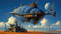 GRID THUMBNAIL — Vast blue steampunk airship floats above a desert outpost under a bright sky with towering clouds and a distant moon.