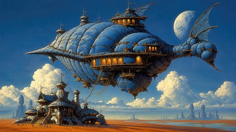 GRID THUMBNAIL — Vast blue steampunk airship floats above a desert outpost under a bright sky with towering clouds and a distant moon.