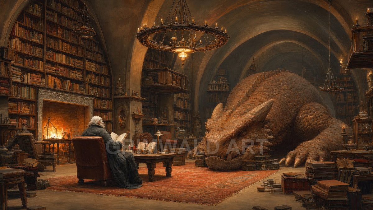 A colossal dragon sleeps in a vaulted, firelit library as a robed scholar reads nearby, beneath candlelit chandeliers and towering bookshelves.