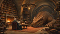 GRID THUMBNAIL — A colossal dragon sleeps in a vaulted, firelit library as a robed scholar reads nearby, beneath candlelit chandeliers and towering bookshelves.