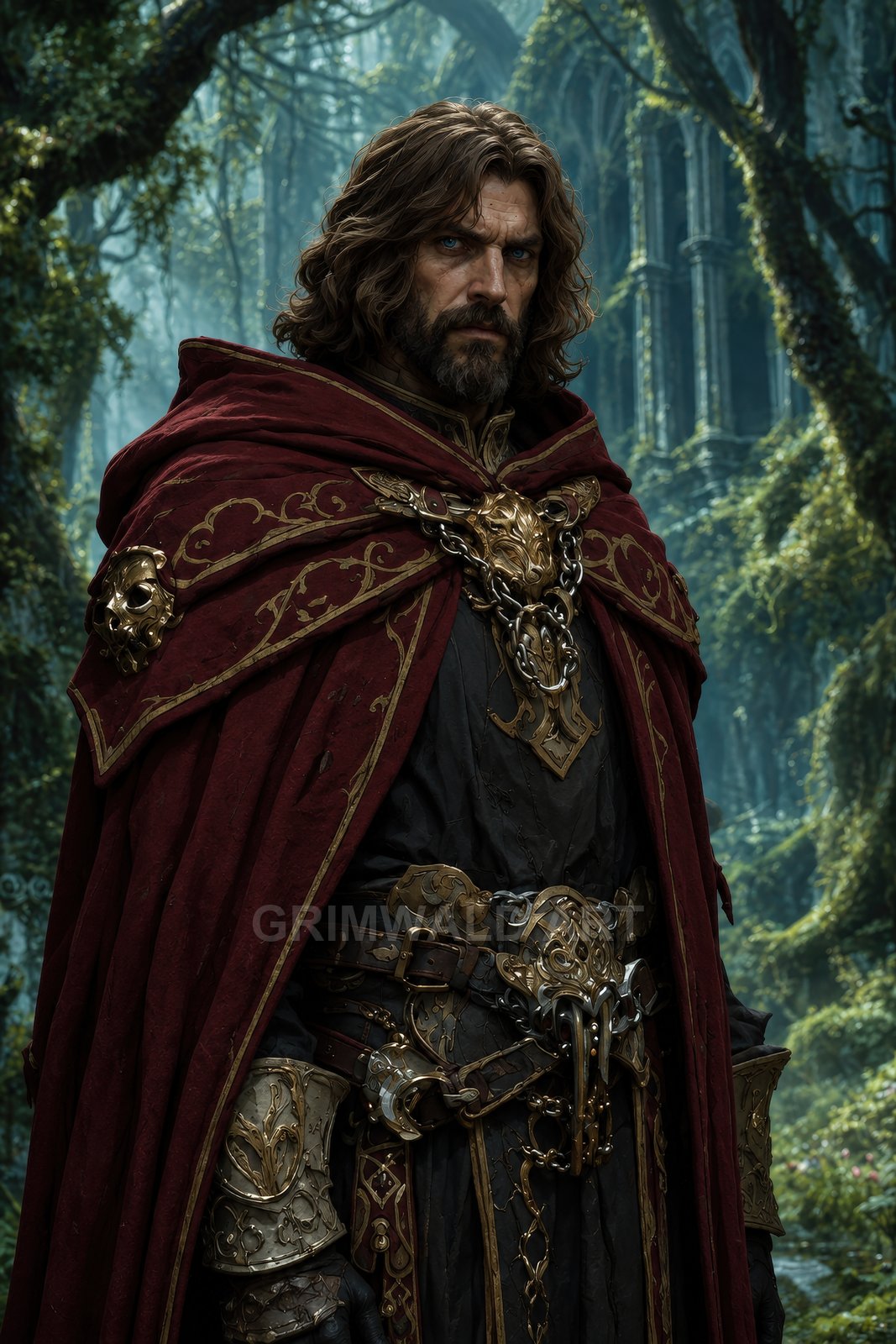 Bearded knight in ornate red cloak with gold lion clasp stands before overgrown stone arches in a misty forest, lit by soft daylight.