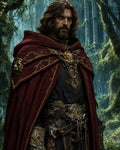 GRID THUMBNAIL — Bearded knight in ornate red cloak with gold lion clasp stands before overgrown stone arches in a misty forest, lit by soft daylight.