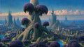 GRID THUMBNAIL — Sweeping fantasy landscape with colossal lattice-like trees crowned by purple canopies, spired cities and lakes under a bright blue, cloud-dappled sky.