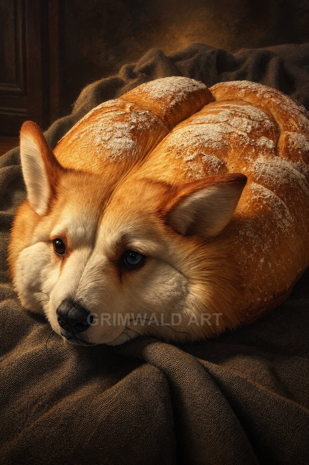 A surreal corgi-bread hybrid rests on dark cloth, warmly firelit, flour-dusted crust blending into fur with expressive, mismatched eyes.