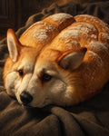 GRID THUMBNAIL — A surreal corgi-bread hybrid rests on dark cloth, warmly firelit, flour-dusted crust blending into fur with expressive, mismatched eyes.