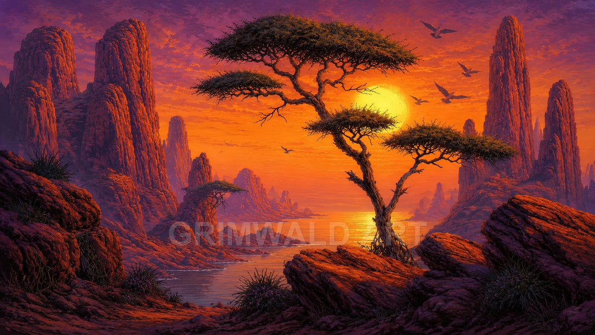 Fantasy seascape at sunset with a silhouetted acacia tree on rocky cliffs, towering spires, calm water, and birds crossing the glowing sky.
