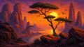 GRID THUMBNAIL — Fantasy seascape at sunset with a silhouetted acacia tree on rocky cliffs, towering spires, calm water, and birds crossing the glowing sky.