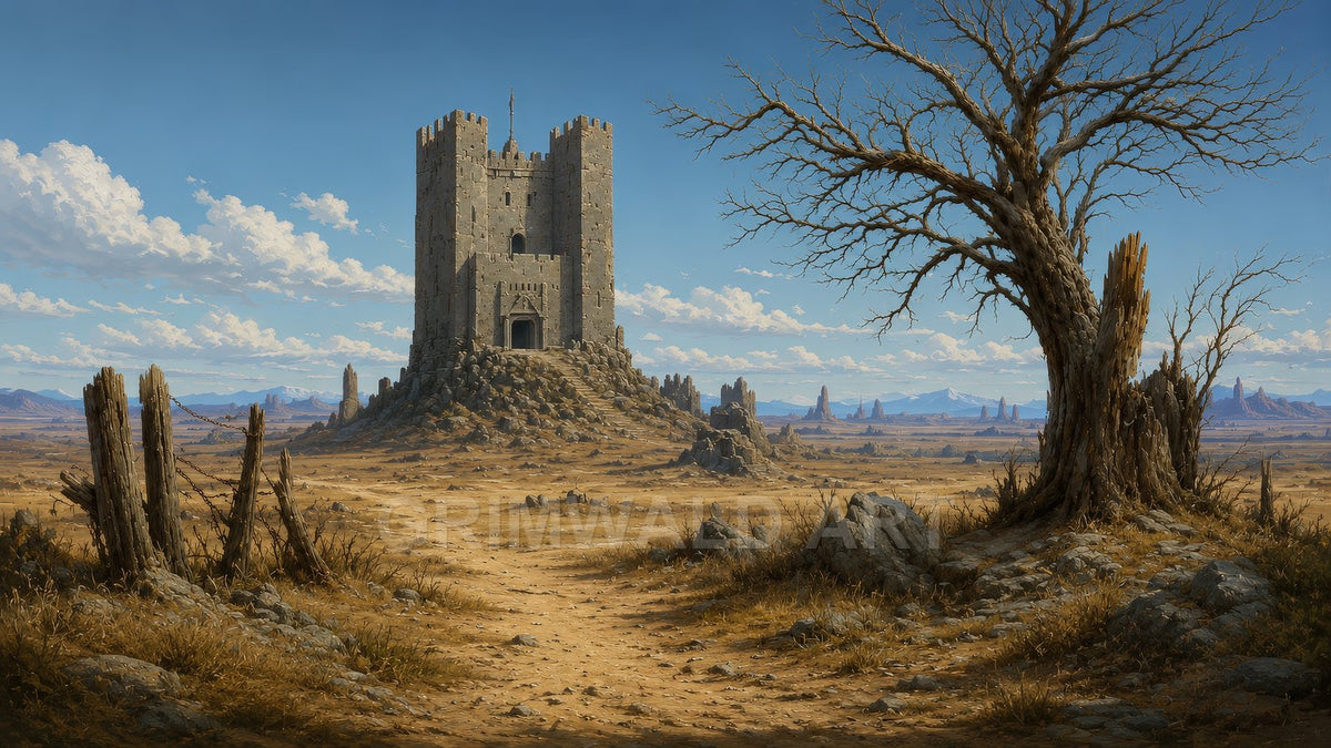 A solitary stone keep rises on a mound amid a barren desert plain, with a dead tree, broken posts and distant mesas under blue skies.